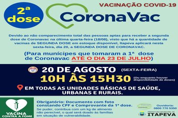 SEGUNDA DOSE de CORONAVAC será aplicada na sexta-feira, dia 20 de agosto