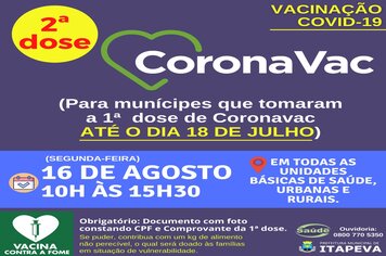SEGUNDA DOSE de CORONAVAC será aplicada na segunda-feira, dia 16 de agosto