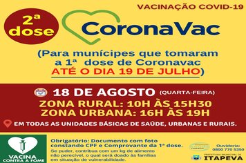 SEGUNDA DOSE de CORONAVAC será aplicada na quarta-feira, dia 18 de agosto