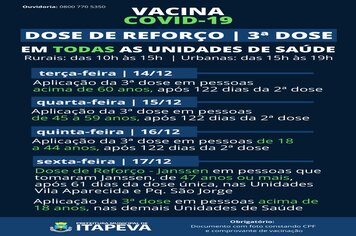 Itapeva aplica Dose de Reforço até sexta-feira (17), em todas as Unidades de Saúde