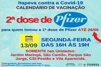 Segunda dose de Pfizer será na segunda-feira (13)