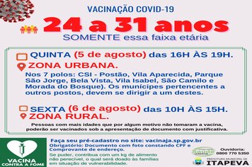 Itapeva vacinará munícipes de 24 a 31 anos nesta quinta (5) e sexta (6)