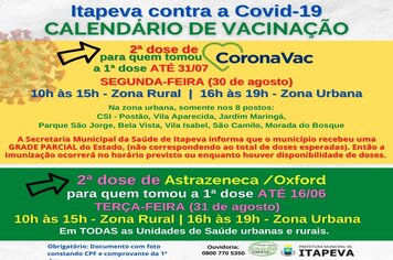 Segunda dose de Coronavac e de Astrazeneca/Oxford será na segunda (30) e terça (31)