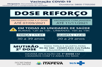 Itapeva aplica dose de reforço em cidadãos de 20 a 39 anos e promove a repescagem de 1ª e 2ª dose da vacina contra a Covid-19