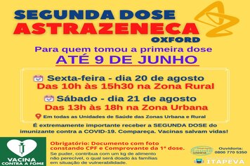 2ª dose de Astrazeneca/Oxford será aplicada na sexta-feira e sábado, 20 e 21 de agosto