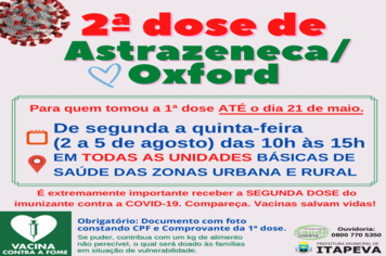 2ª dose de Astrazeneca/Oxford será aplicada do dia 2 até 5 de agosto