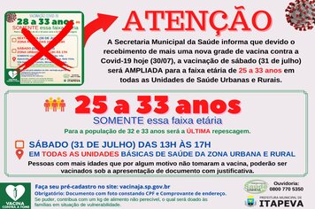 ATENÇÃO: Itapeva amplia a faixa etária e vacinará munícipes de 25 a 33 anos neste sábado (31)