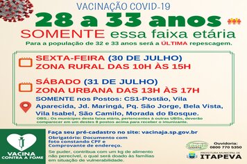 Itapeva vacinará munícipes de 28 a 33 anos nesta sexta (30) e sábado (31)