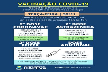 Prefeitura aplica 2ª dose e dose de reforço na próxima terça-feira (30)