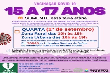 Itapeva vacinará munícipes de 15 a 17 anos nesta quarta-feira (1º)