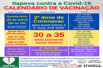 Calendário de vacinação Covid-19 – Dias 22/07, 23/07 e 27/07