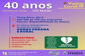 Itapeva vacinará munícipes a partir de 40 anos nesta terça-feira, dia 6 de julho