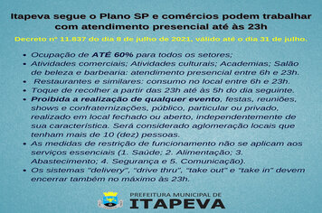 Itapeva segue o Plano SP e comércios podem trabalhar com atendimento presencial até às 23h