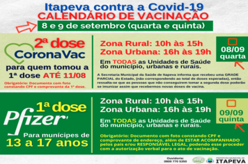 SEGUNDA DOSE de CORONAVAC e PRIMEIRA DOSE de PFIZER para jovens de 13 a 17 anos será na quarta (08/09) e quinta (09/09)