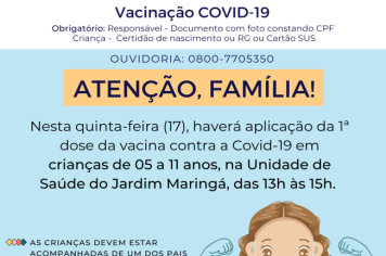 VACINAÇÃO DE CRIANÇAS DE 5 A 11 ANOS ACONTECE NESTA QUINTA (17)