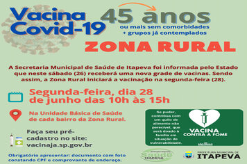 ZONA RURAL: Munícipes a partir de 45 anos nesta segunda-feira, dia 28