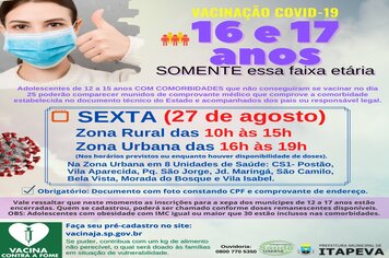 Itapeva vacinará munícipes de 16 e 17 anos nesta sexta-feira (27)