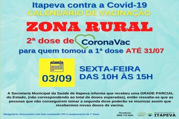 Zona Rural terá segunda dose de Coronavac nesta sexta-feira, dia 3 de setembro