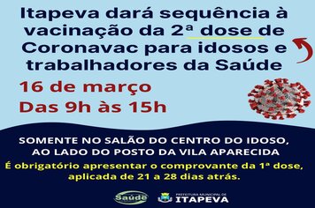 Itapeva dará sequência à vacinação da 2ª dose de Coronavac para idosos e trabalhadores da Saúde
