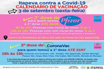Segunda dose de Pfizer e de Coronavac será nesta sexta-feira, dia 3 de setembro