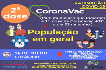 SEGUNDA DOSE de CORONAVAC será nesta quarta-feira, dia 14 de julho
