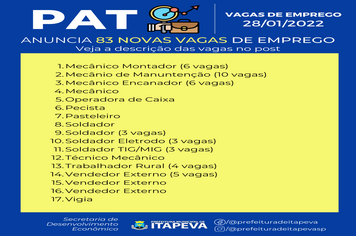 POSTO DE ATENDIMENTO AO TRABALHADOR – PAT ITAPEVA – DIVULGA 83 NOVAS VAGAS DE TRABALHO