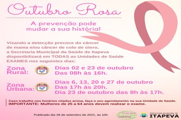 NOVAS DATAS: Unidades de Saúde realizarão exames no Outubro Rosa, o mês de prevenção ao câncer de mama e de colo de útero