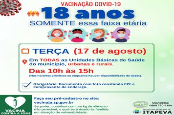Itapeva vacinará munícipes de 18 anos nesta terça-feira (17)