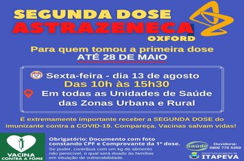2ª dose de Astrazeneca/Oxford será aplicada na sexta-feira, dia 13 de agosto