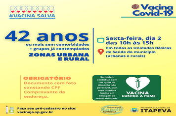 Itapeva vacinará munícipes a partir de 42 anos nesta sexta-feira, dia 2 de julho