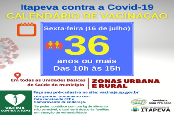 Itapeva vacinará munícipes a partir de 36 anos nesta sexta-feira, dia 16 de julho