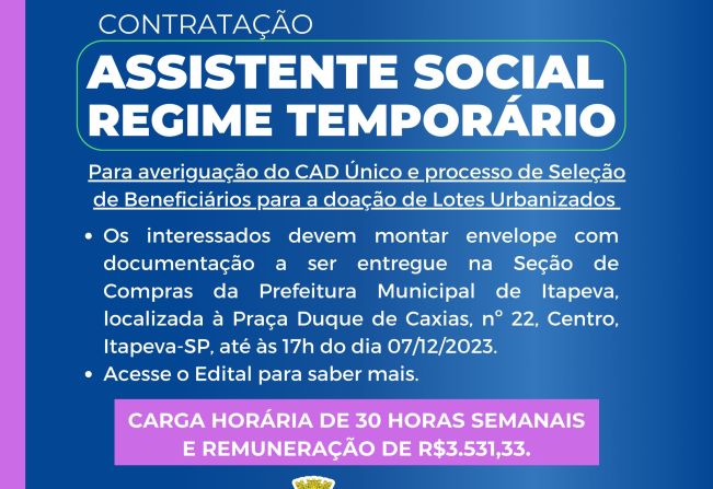 Credenciamento para contratação de Assistente Social é iniciado