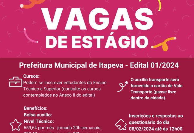 Prefeitura de Itapeva abre vagas para estagiários de ensino técnico e superior