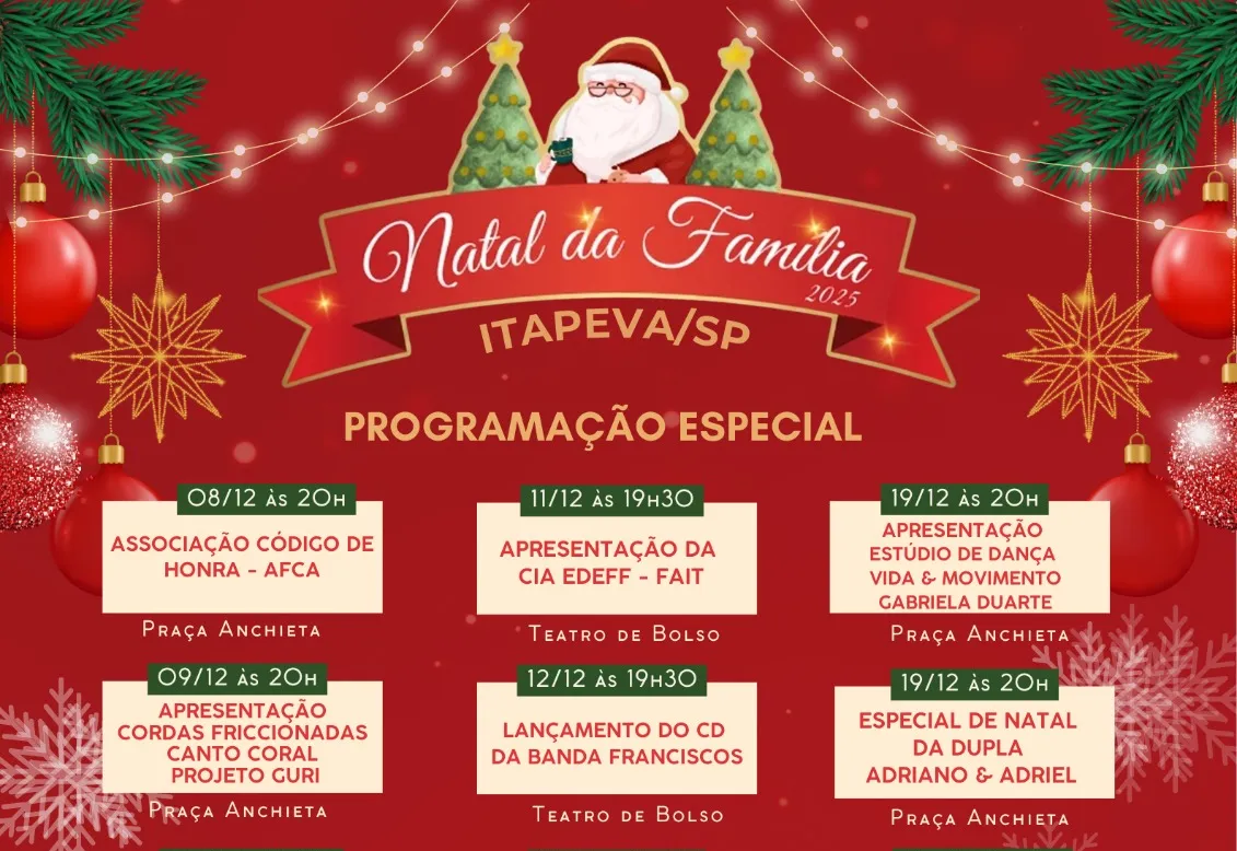 Prefeitura de Itapeva divulga programação gratuita do “Natal da Família 2025” com atrações culturais para toda a população
