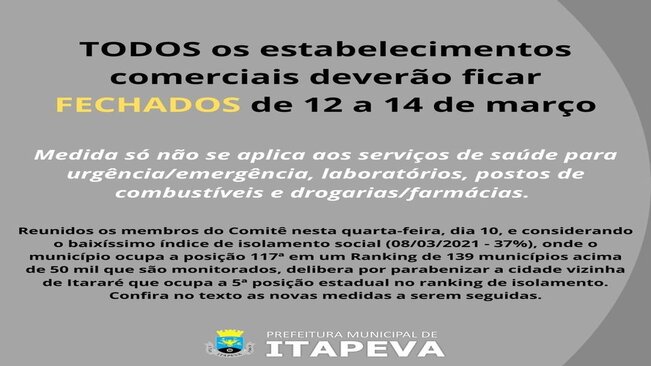 TODOS os estabelecimentos comerciais deverão ficar FECHADOS de 12 a 14 de março