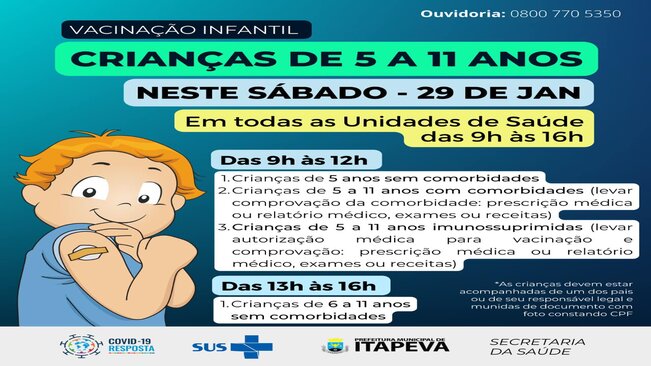 VACINAÇÃO INFANTIL CONTRA A COVID-19 INICIA NESTE SÁBADO (29) EM TODAS AS UNIDADES DE SAÚDE