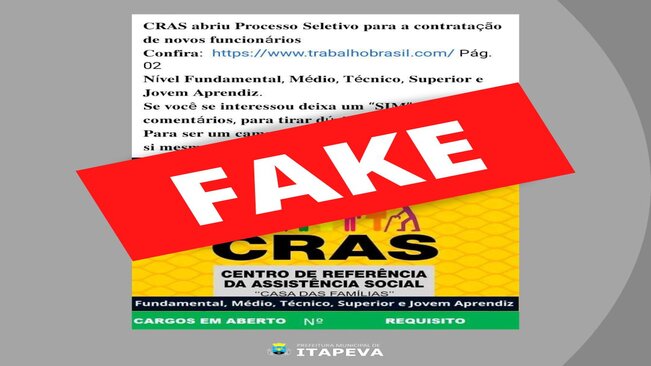 Prefeitura de Itapeva esclarece que é fake news, notícia sobre processo seletivo do CRAS Casa das Famílias nas redes sociais