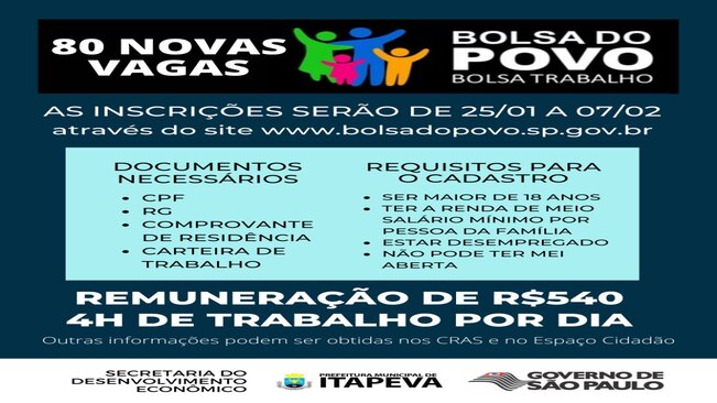 Itapeva terá 80 novas vagas para o Programa Bolsa Trabalho