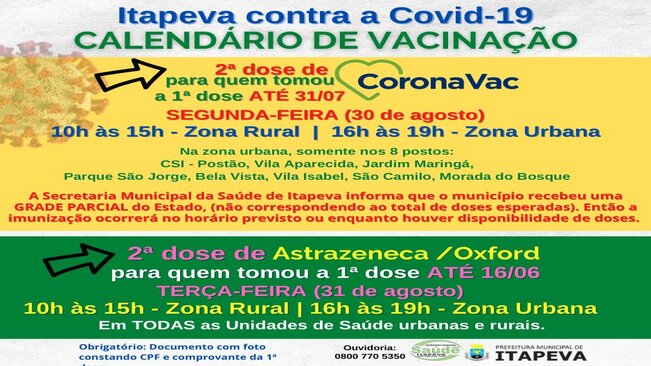 Segunda dose de Coronavac e de Astrazeneca/Oxford será na segunda (30) e terça (31)