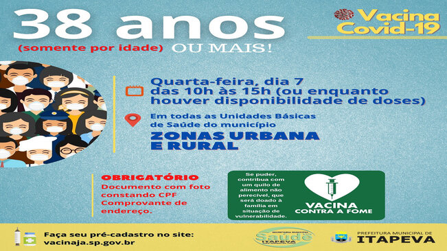 Itapeva vacinará munícipes a partir de 38 anos nesta quarta-feira, dia 7 de julho