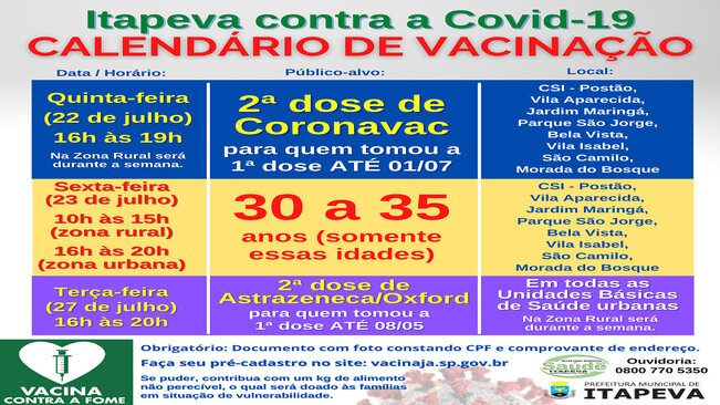 Calendário de vacinação Covid-19 – Dias 22/07, 23/07 e 27/07