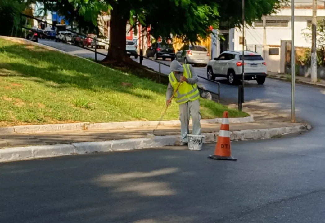 Serviços de manutenção de canteiros e pintura de guias são feitos na Avenida Acácio Piedade