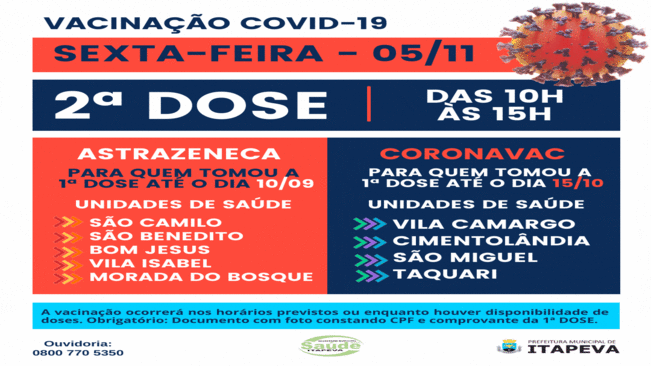 Itapeva aplicará a 2ª dose da vacina contra a Covid-19 nesta sexta-feira (5)