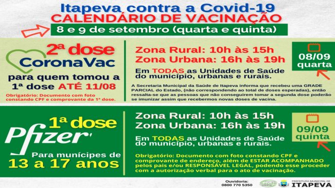 SEGUNDA DOSE de CORONAVAC e PRIMEIRA DOSE de PFIZER para jovens de 13 a 17 anos será na quarta (08/09) e quinta (09/09)