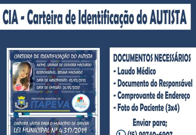 Carteirinha para autista deve ser adquirida nos CRAS e na Secretaria de Desenvolvimento Social