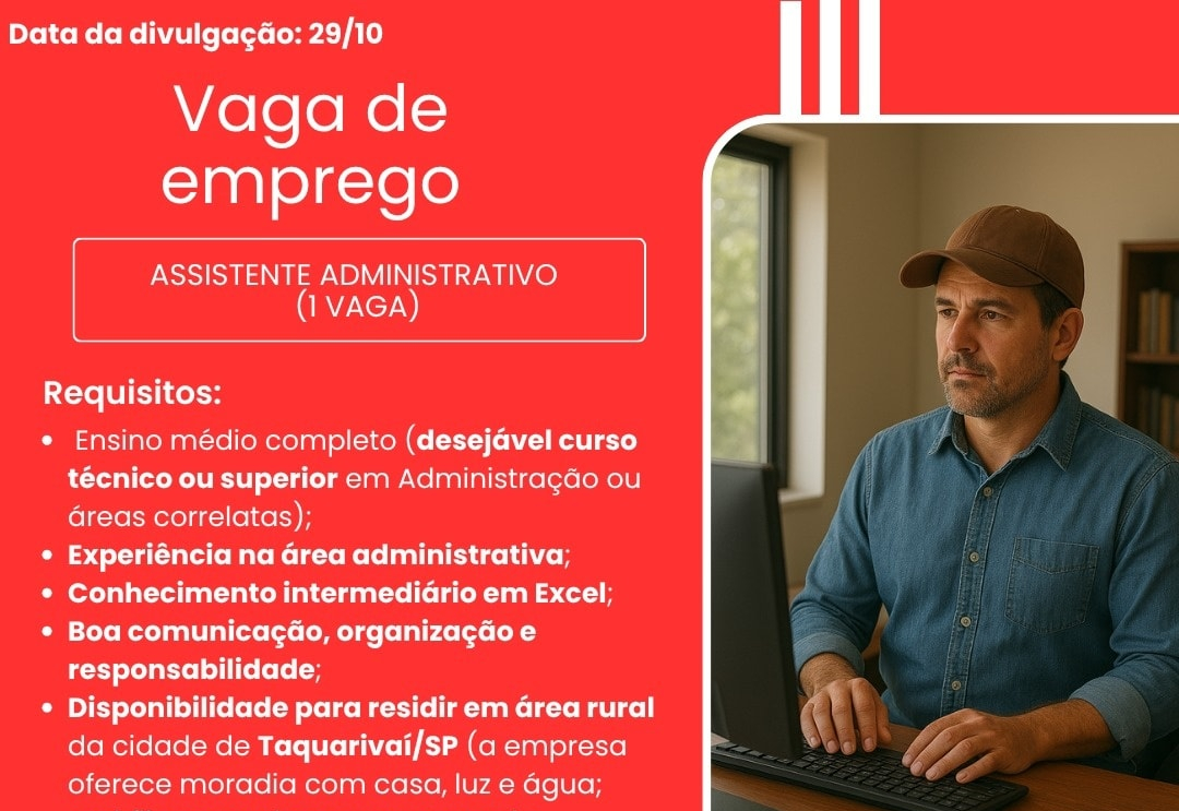 PAT divulga nova vaga de emprego para Assistente Administrativo