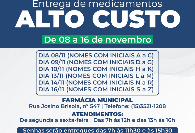 Farmácia Municipal realiza entrega de medicamentos de alto custo até o dia 16 de novembro