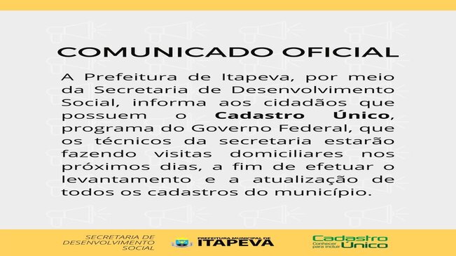 COMUNICADO À POPULAÇÃO: ATUALIZAÇÃO DO CADÚNICO