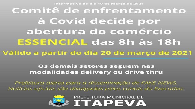 Comitê de Enfrentamento à Covid decide por abertura do comércio ESSENCIAL das 8h às 18h, a partir deste sábado, dia 20